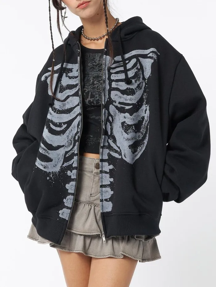 Women Minga London Jackets and Cardigans Skeleton Black Zip Up Hoodie