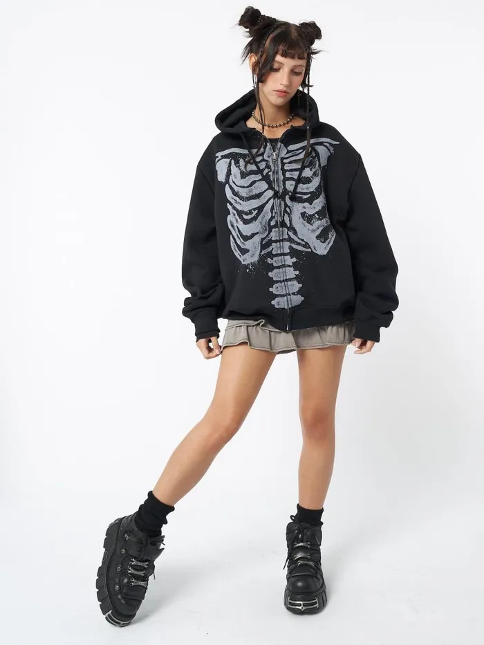Women Minga London Jackets and Cardigans Skeleton Black Zip Up Hoodie