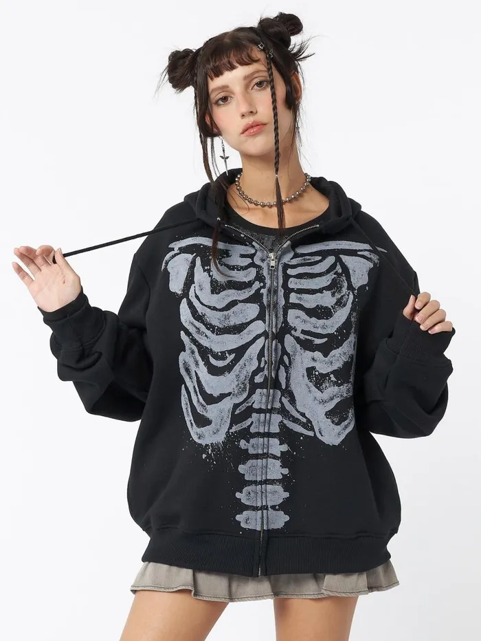 Women Minga London Jackets and Cardigans Skeleton Black Zip Up Hoodie