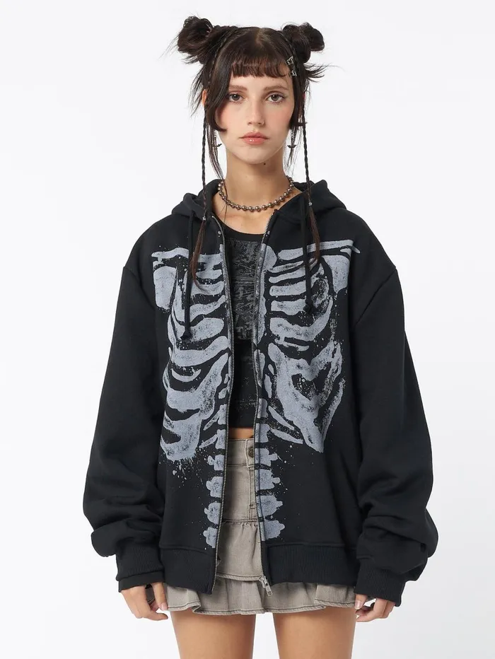 Women Minga London Jackets and Cardigans Skeleton Black Zip Up Hoodie