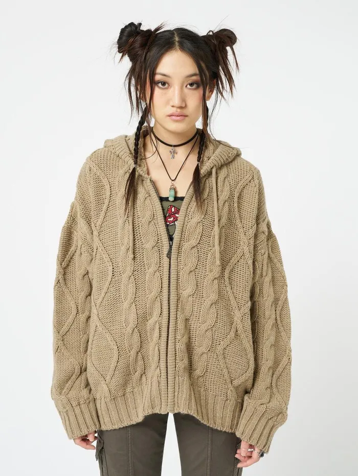 Women Minga London Knitwear Eli Beige Zip Up Cable Knit Cardigan