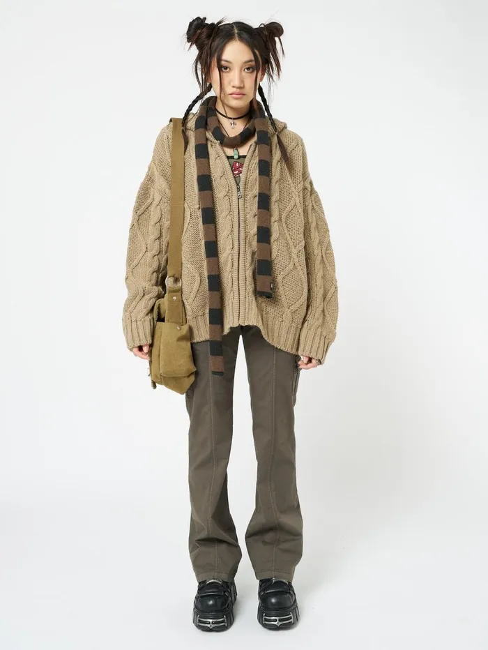 Women Minga London Knitwear Eli Beige Zip Up Cable Knit Cardigan