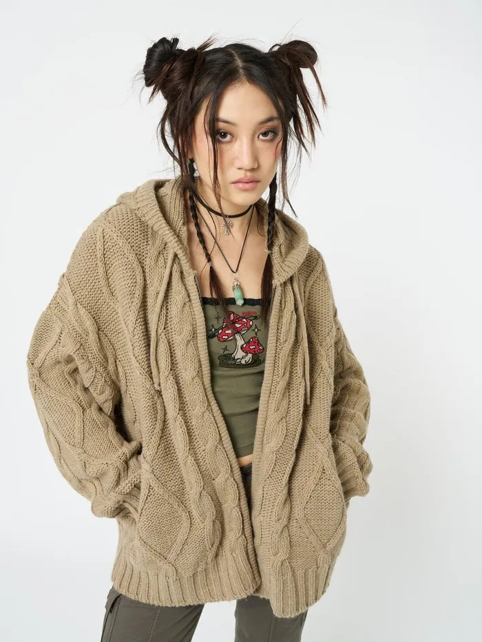 Women Minga London Knitwear Eli Beige Zip Up Cable Knit Cardigan
