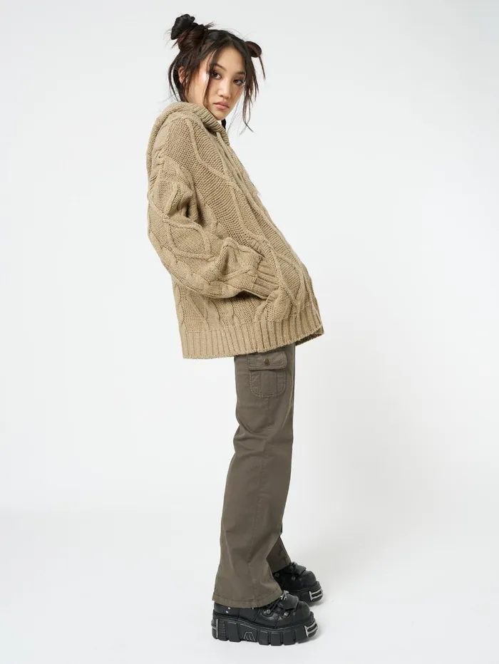 Women Minga London Knitwear Eli Beige Zip Up Cable Knit Cardigan