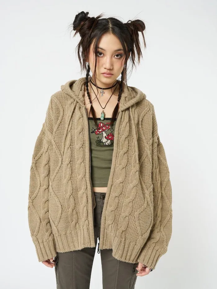 Women Minga London Knitwear Eli Beige Zip Up Cable Knit Cardigan