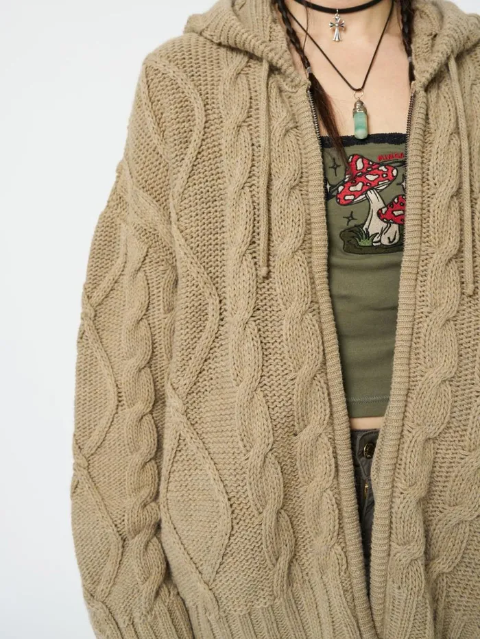 Women Minga London Knitwear Eli Beige Zip Up Cable Knit Cardigan