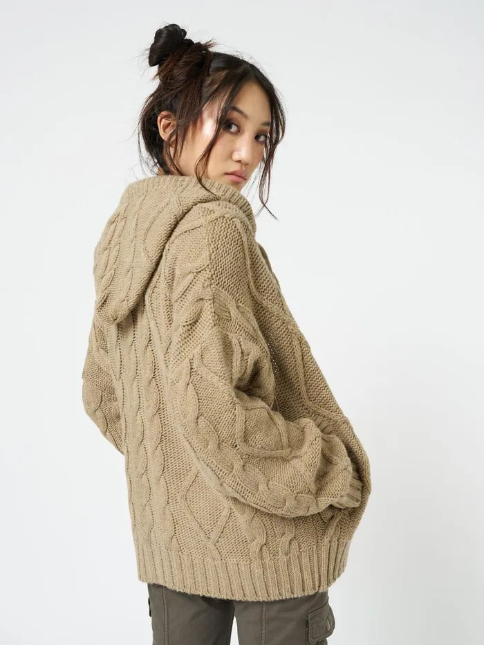Women Minga London Knitwear Eli Beige Zip Up Cable Knit Cardigan