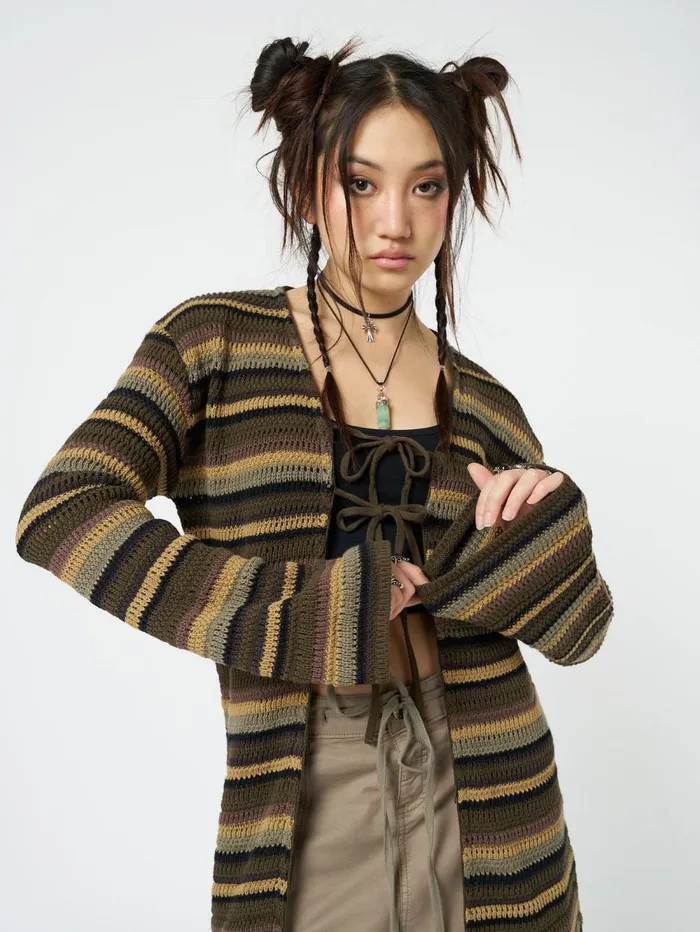 Women Minga London Knitwear Luna Forest Stripes Tie Front Knit Cardigan