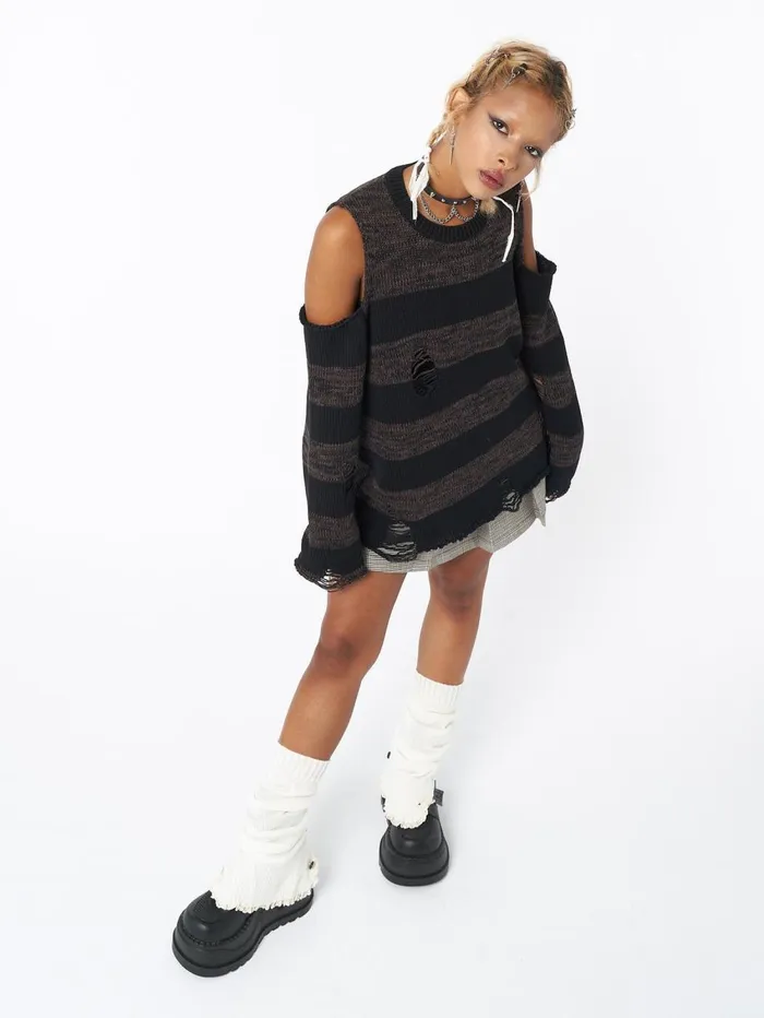 Women Minga London Sweaters and Hoodies Curtis Brown Black Striped Knit Jumper