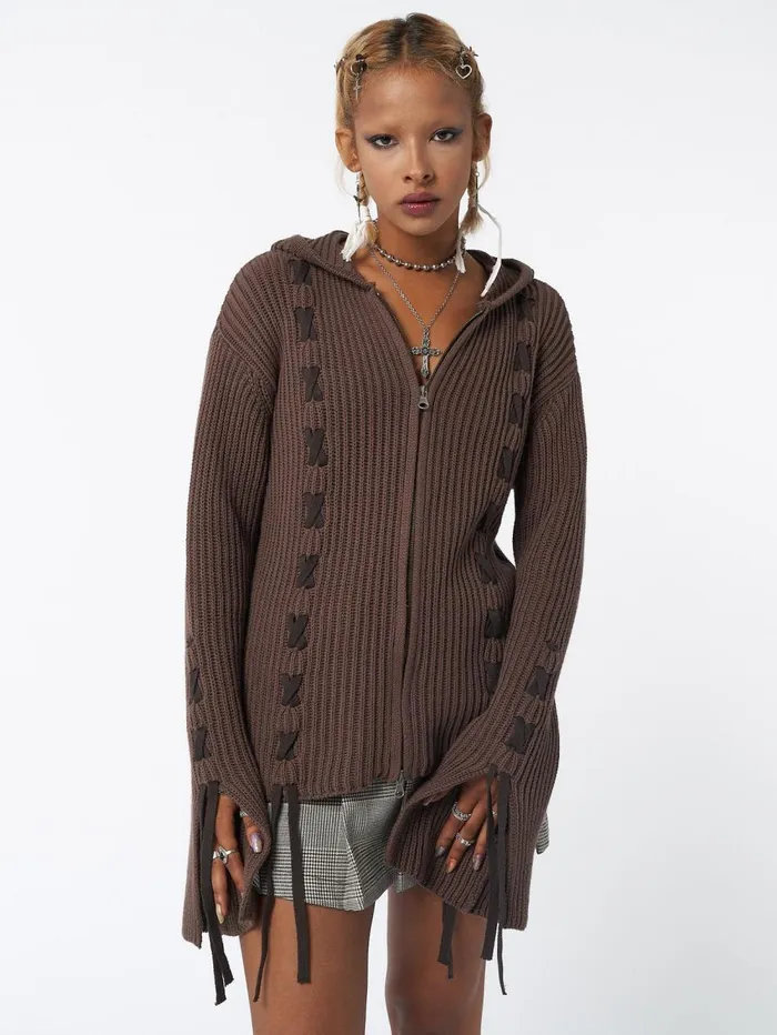 Women Minga London Sweaters and Hoodies Nixie Brown Lace Up Cardigan