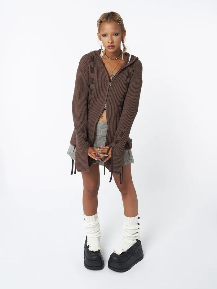 Women Minga London Sweaters and Hoodies Nixie Brown Lace Up Cardigan