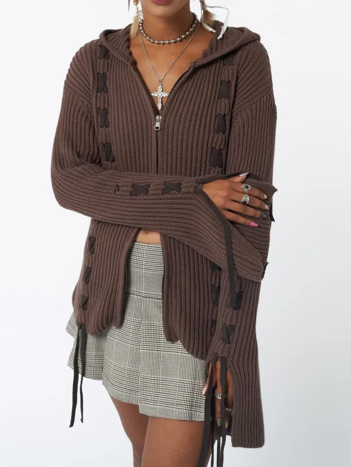 Women Minga London Sweaters and Hoodies Nixie Brown Lace Up Cardigan