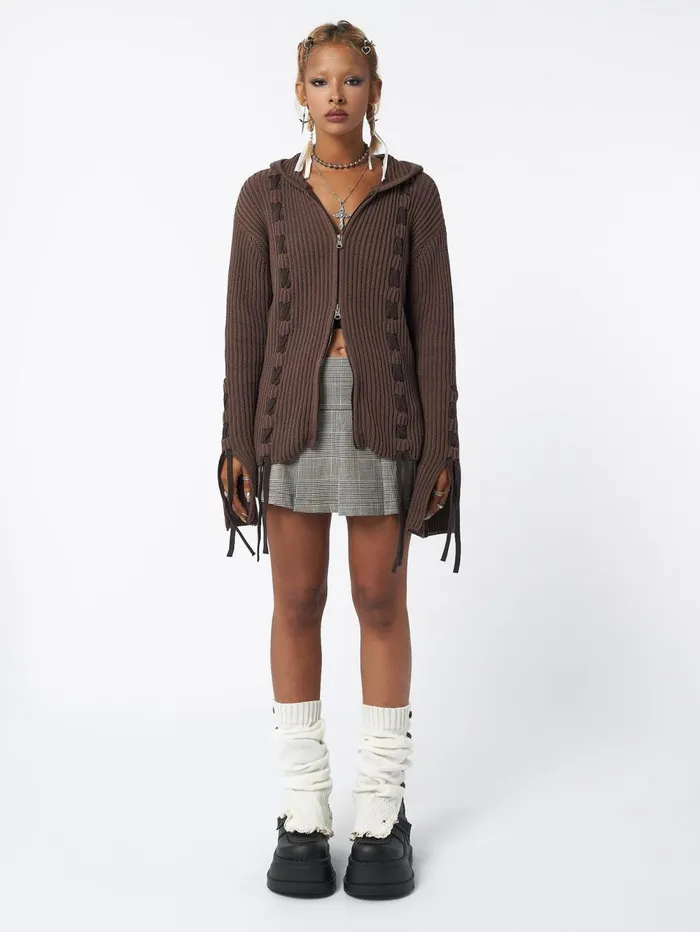 Women Minga London Sweaters and Hoodies Nixie Brown Lace Up Cardigan