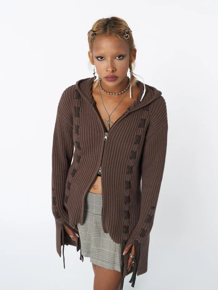 Women Minga London Sweaters and Hoodies Nixie Brown Lace Up Cardigan