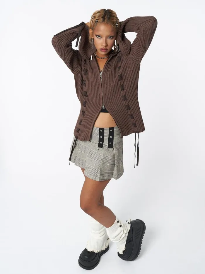 Women Minga London Sweaters and Hoodies Nixie Brown Lace Up Cardigan