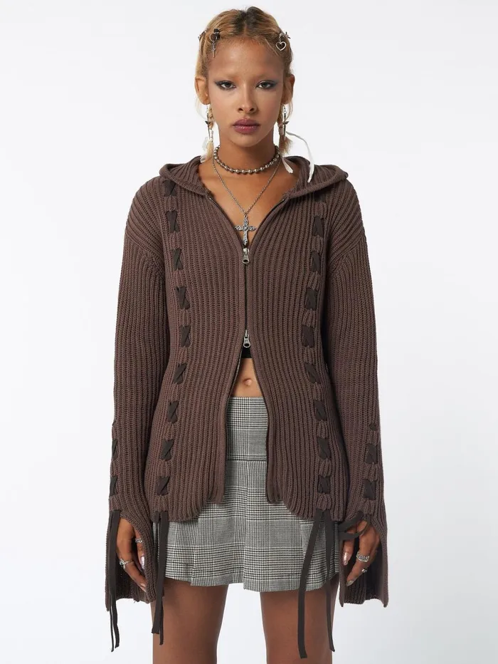 Women Minga London Sweaters and Hoodies Nixie Brown Lace Up Cardigan