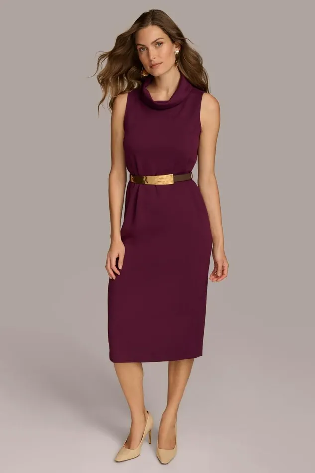Women MOCK NECK MIDI DRESS WITH BELT Elderberry Donna Karan New York Dresses And Jumpsuits