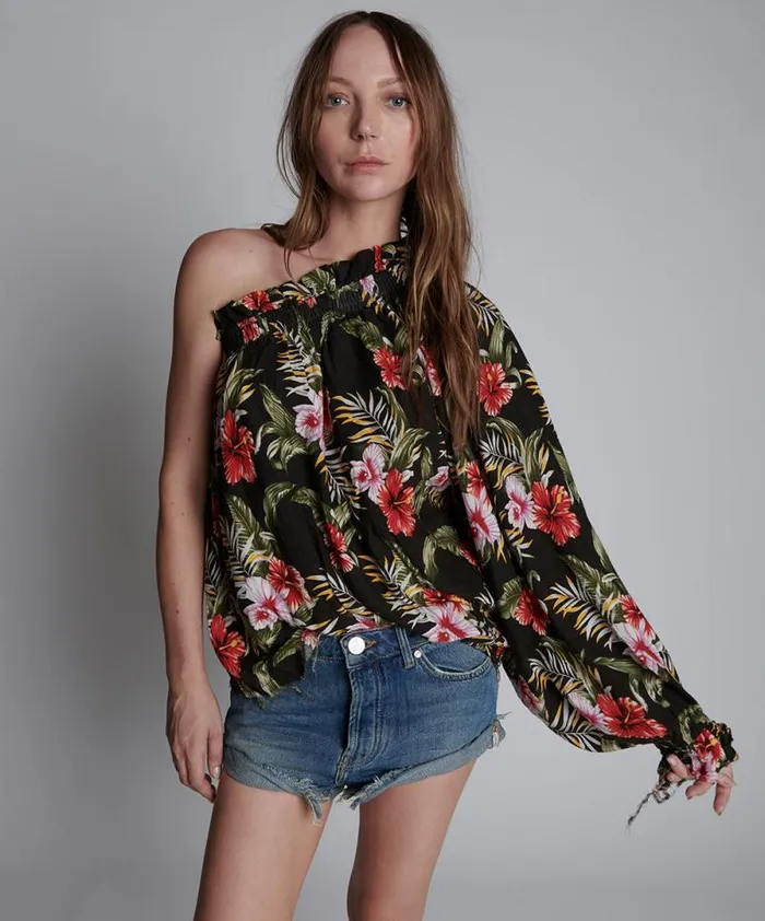 Women NIGHT FLOWER HAWAIIAN ONE SHOULDER TOP One Teaspoon Tops