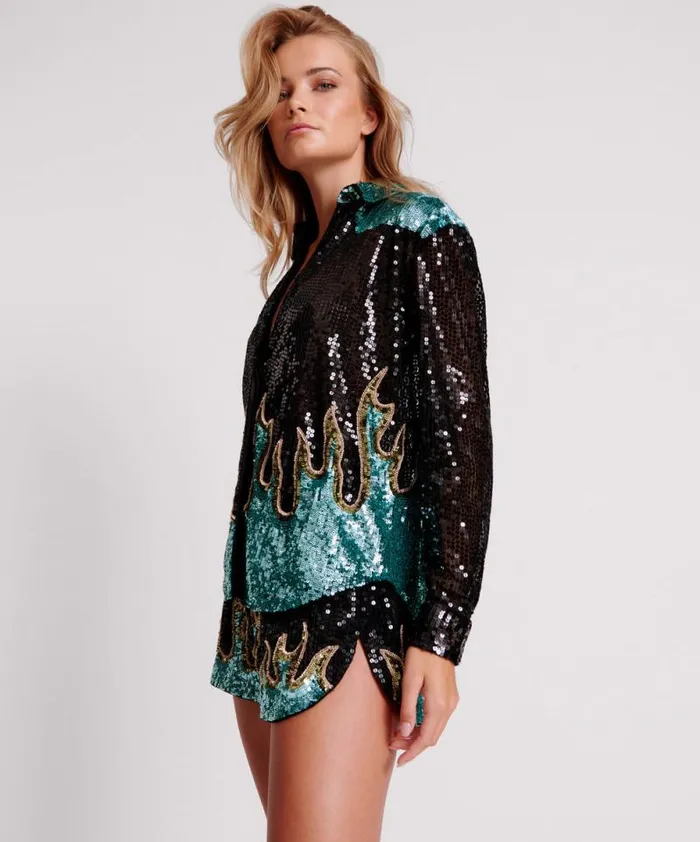 Women ON FIRE HAND SEQUIN WESTERN SHIRT One Teaspoon Shirts
