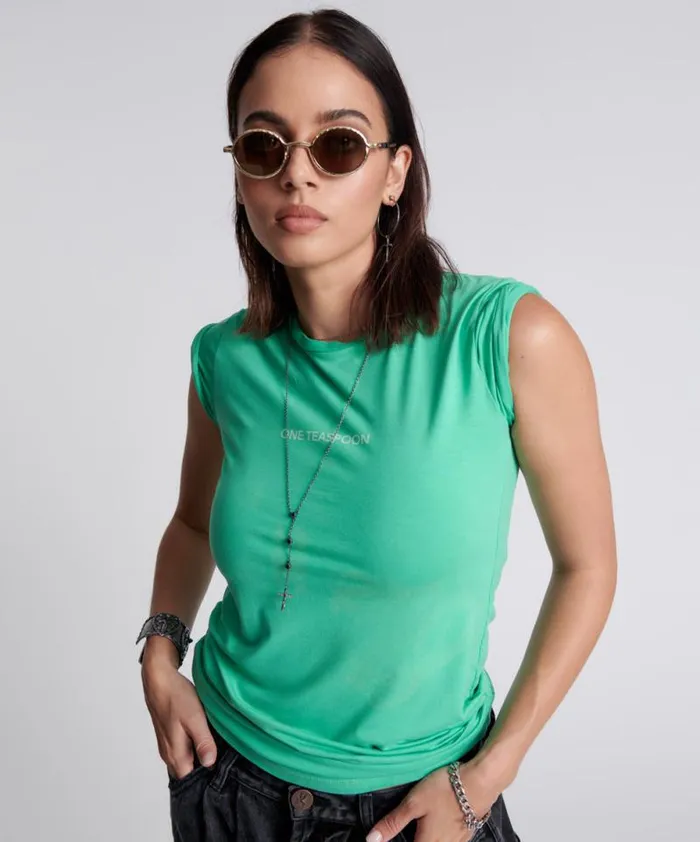 Women ONE TEASPOON FITTED LOGO TEE GREEN One Teaspoon Tees and Tanks