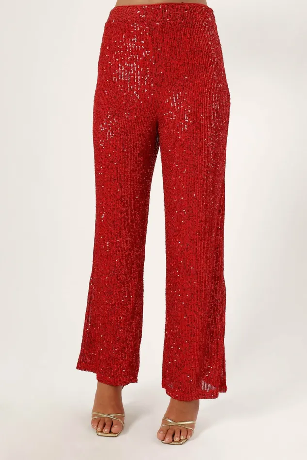 Women Pants Petal and Pup Lilianna Sequin Flare Pant Red