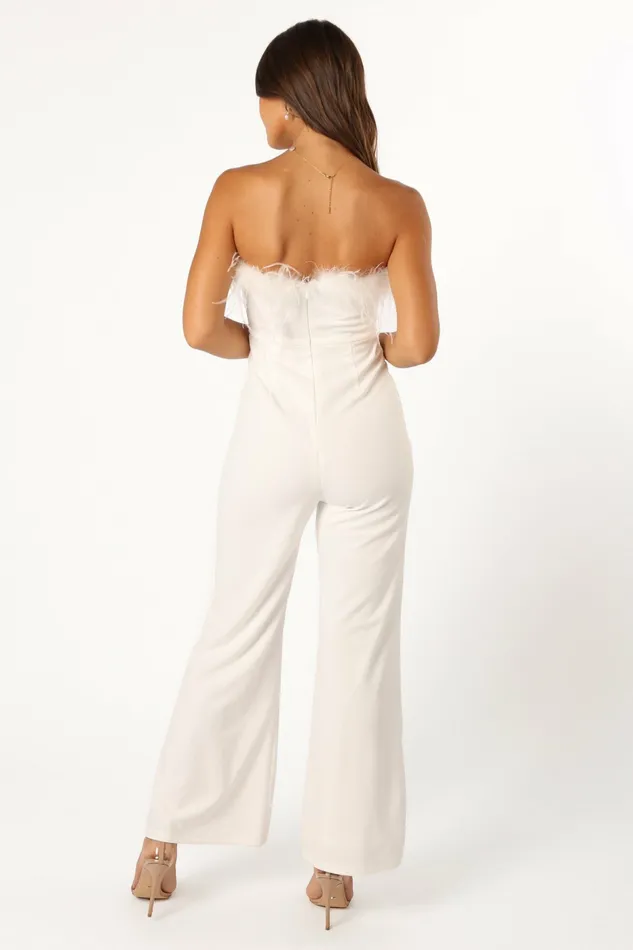 Women Petal and Pup Louise Feather Trim Jumpsuit White Jumpsuits and Rompers
