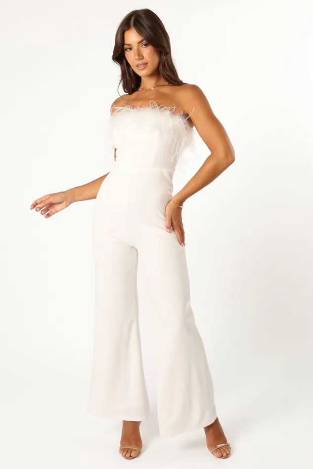 Women Petal and Pup Louise Feather Trim Jumpsuit White Jumpsuits and Rompers