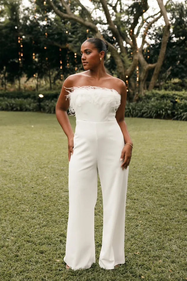 Women Petal and Pup Louise Feather Trim Jumpsuit White Jumpsuits and Rompers