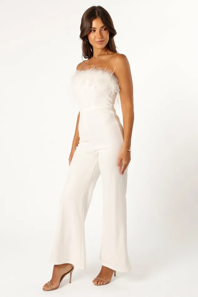 Women Petal and Pup Louise Feather Trim Jumpsuit White Jumpsuits and Rompers