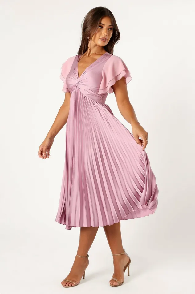 Women Petal and Pup Nova Flutter Sleeve Midi Dress Dusty Rose Satin Dresses