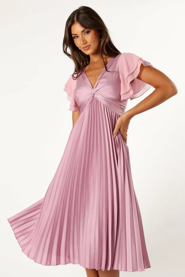 Women Petal and Pup Nova Flutter Sleeve Midi Dress Dusty Rose Satin Dresses
