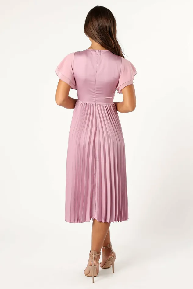 Women Petal and Pup Nova Flutter Sleeve Midi Dress Dusty Rose Satin Dresses