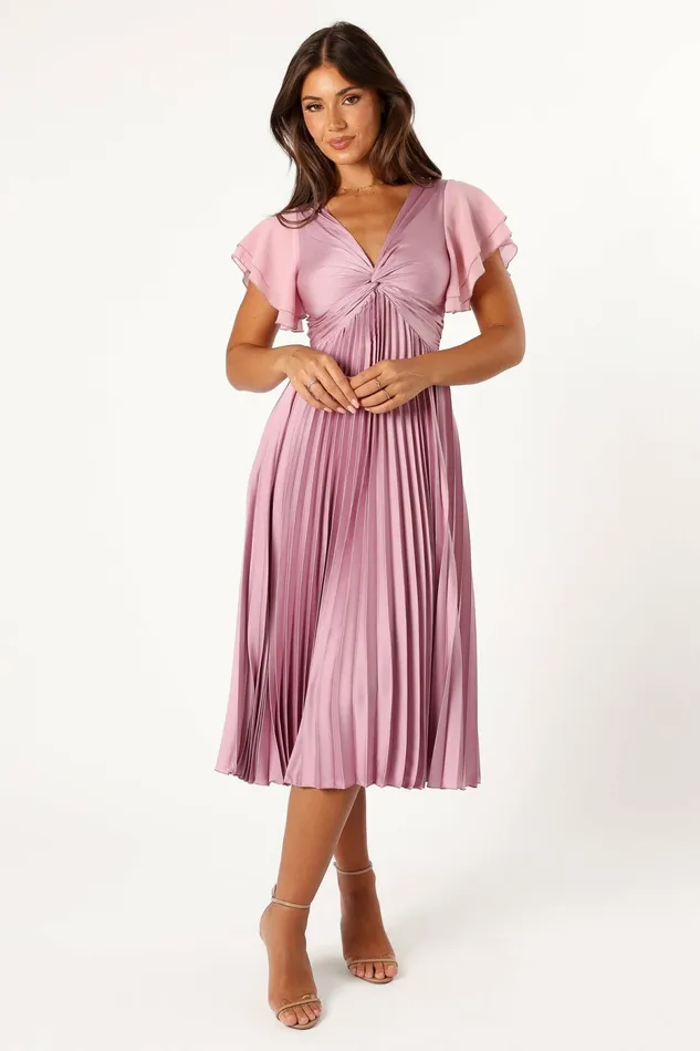 Women Petal and Pup Nova Flutter Sleeve Midi Dress Dusty Rose Satin Dresses