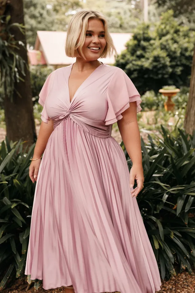 Women Petal and Pup Nova Flutter Sleeve Midi Dress Dusty Rose Satin Dresses