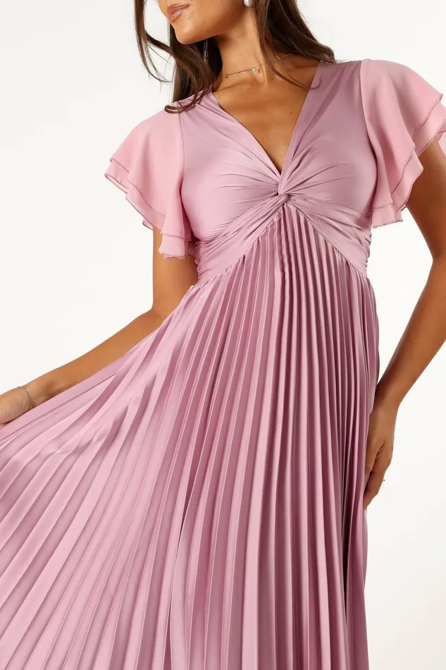 Women Petal and Pup Nova Flutter Sleeve Midi Dress Dusty Rose Satin Dresses