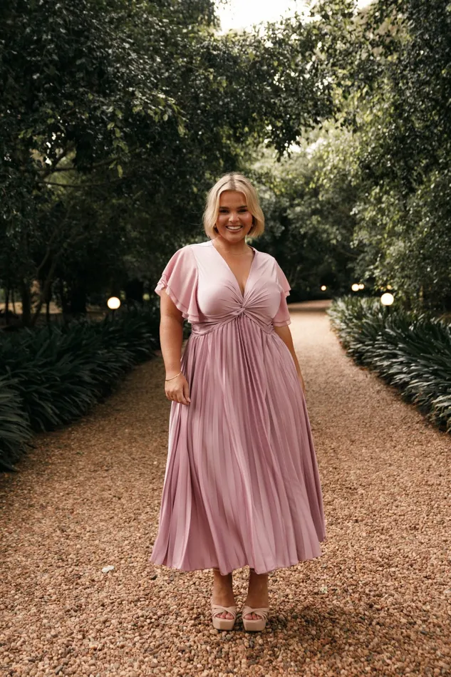 Women Petal and Pup Nova Flutter Sleeve Midi Dress Dusty Rose Satin Dresses