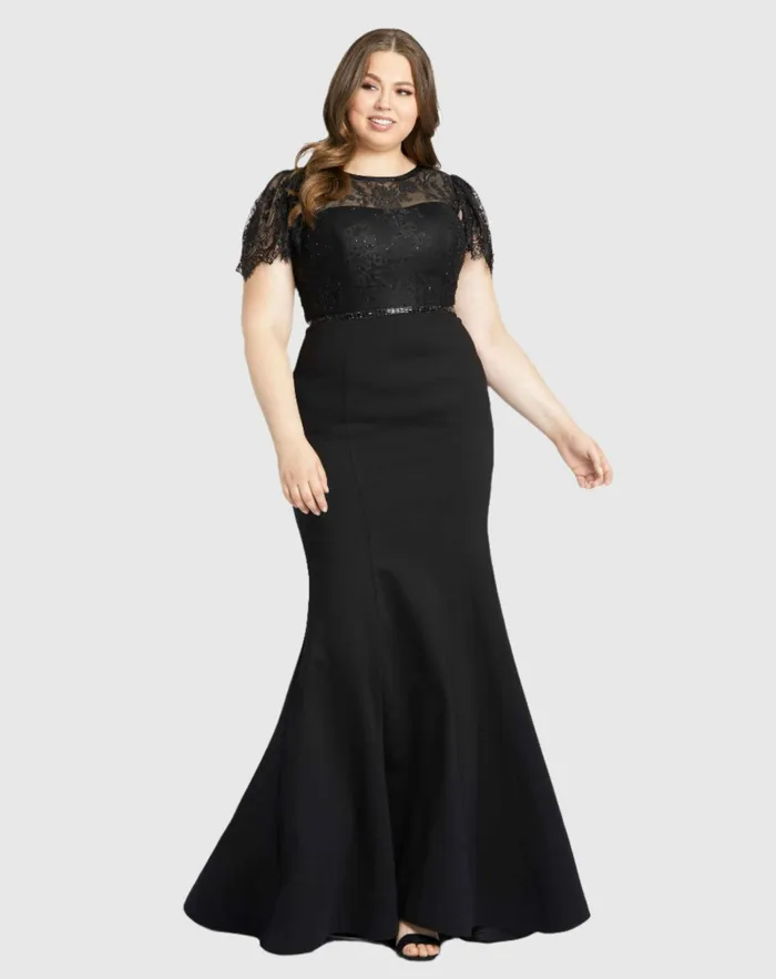 Women Plus Size Dresses Mac Duggal Lace Illusion High Neck Cap Sleeve Gown BLACK Women Plus Size Dresses Mac Duggal Lace Illusion High Neck Cap Sleeve Gown BLACK