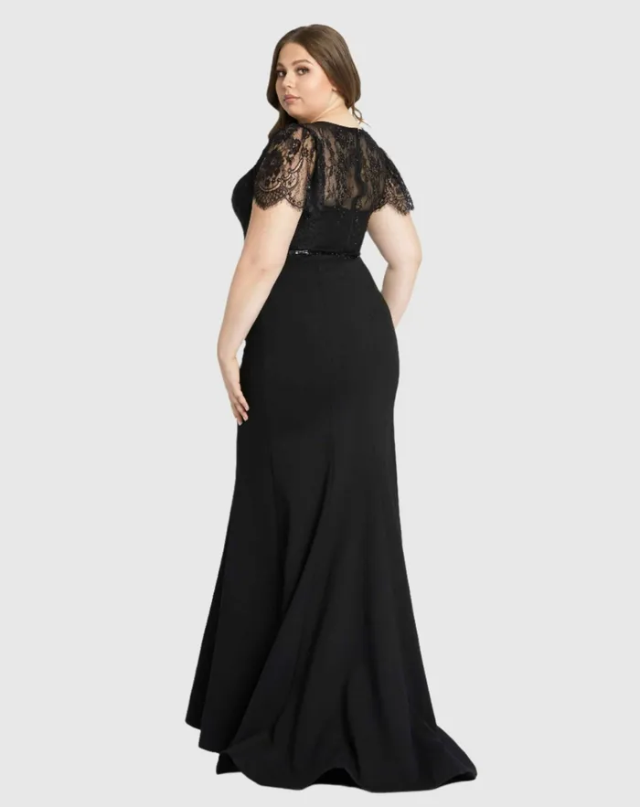 Women Plus Size Dresses Mac Duggal Lace Illusion High Neck Cap Sleeve Gown BLACK Women Plus Size Dresses Mac Duggal Lace Illusion High Neck Cap Sleeve Gown BLACK