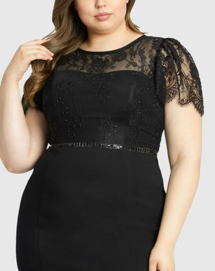 Women Plus Size Dresses Mac Duggal Lace Illusion High Neck Cap Sleeve Gown BLACK Women Plus Size Dresses Mac Duggal Lace Illusion High Neck Cap Sleeve Gown BLACK