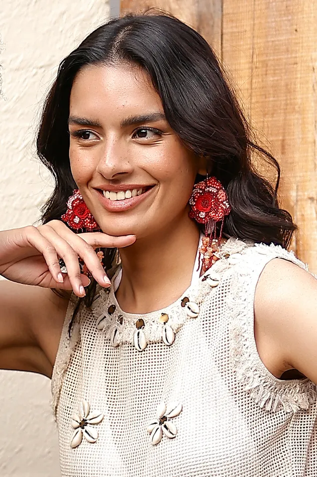 Women Red Roses Beaded Earrings Jewelry America and Beyond