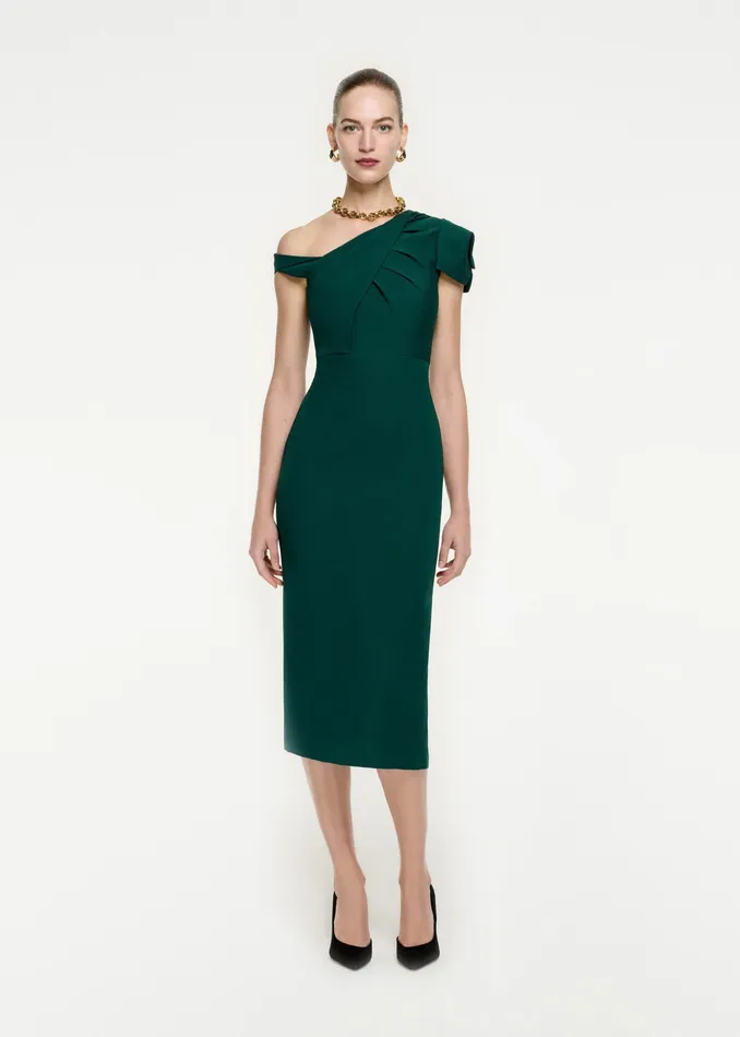 Women Roland Mouret Clothing Asymmetric Pleat Wool Silk Midi Dress