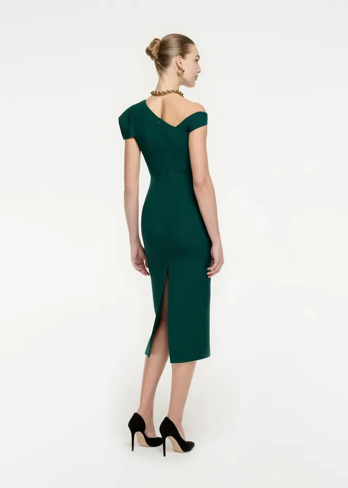 Women Roland Mouret Clothing Asymmetric Pleat Wool Silk Midi Dress