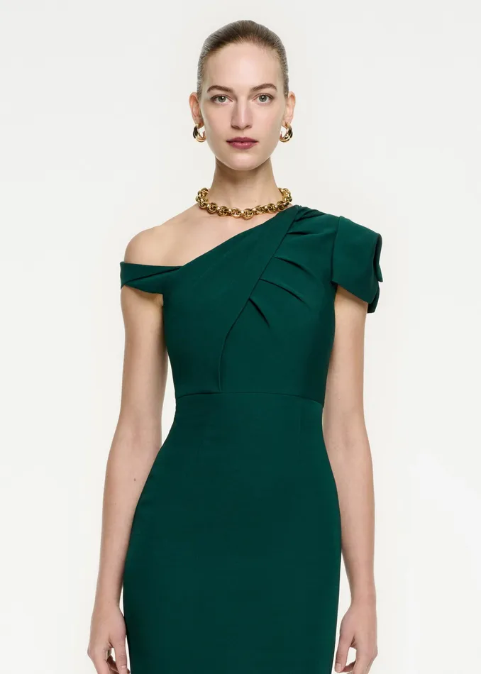 Women Roland Mouret Clothing Asymmetric Pleat Wool Silk Midi Dress