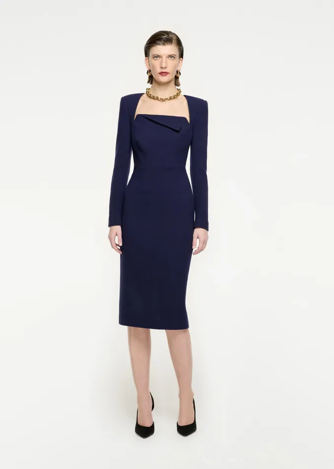 Women Roland Mouret Clothing Long Sleeve Wool Crepe Midi Dress