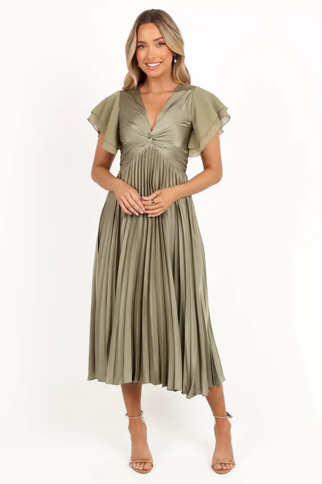 Women Satin Dresses Petal and Pup Nova Flutter Sleeve Midi Dress Olive