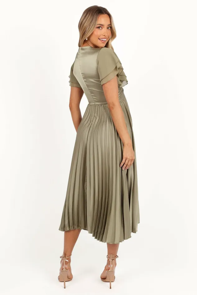 Women Satin Dresses Petal and Pup Nova Flutter Sleeve Midi Dress Olive