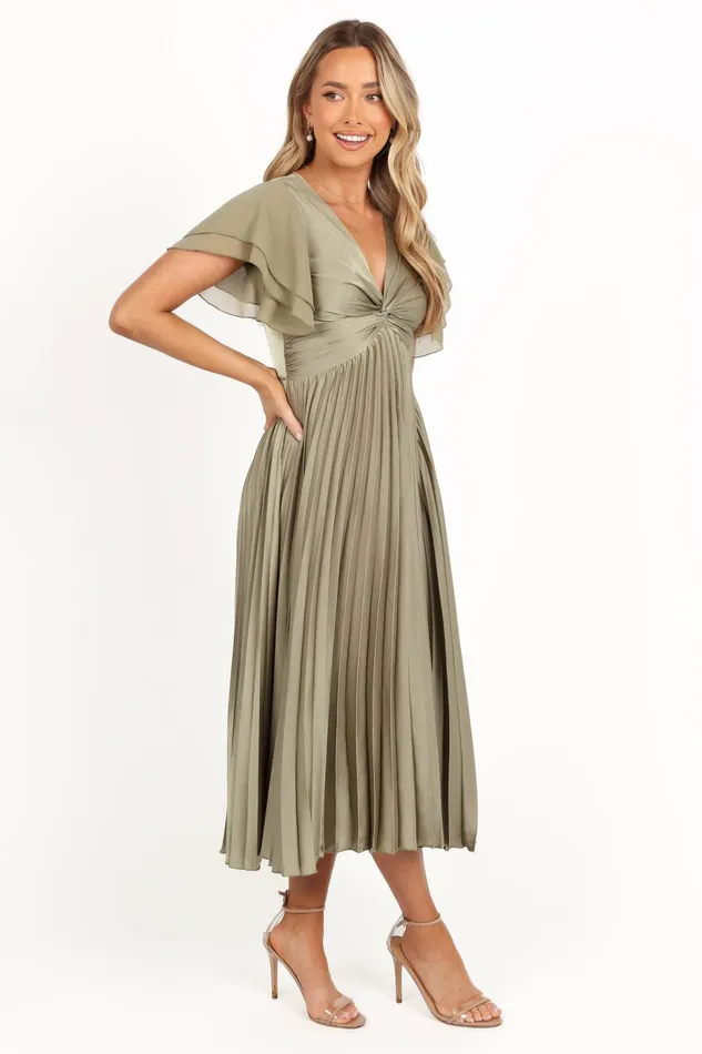 Women Satin Dresses Petal and Pup Nova Flutter Sleeve Midi Dress Olive
