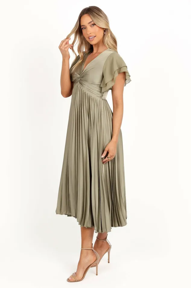 Women Satin Dresses Petal and Pup Nova Flutter Sleeve Midi Dress Olive
