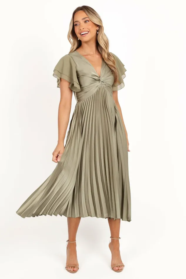 Women Satin Dresses Petal and Pup Nova Flutter Sleeve Midi Dress Olive