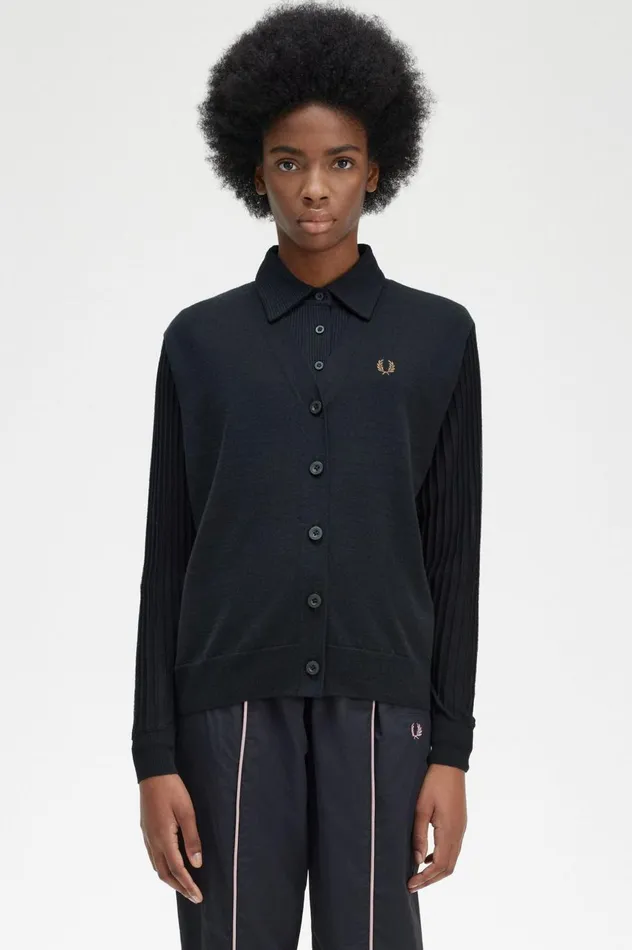 Women Sheer Sleeve Cardigan Black Fred Perry Knitwear